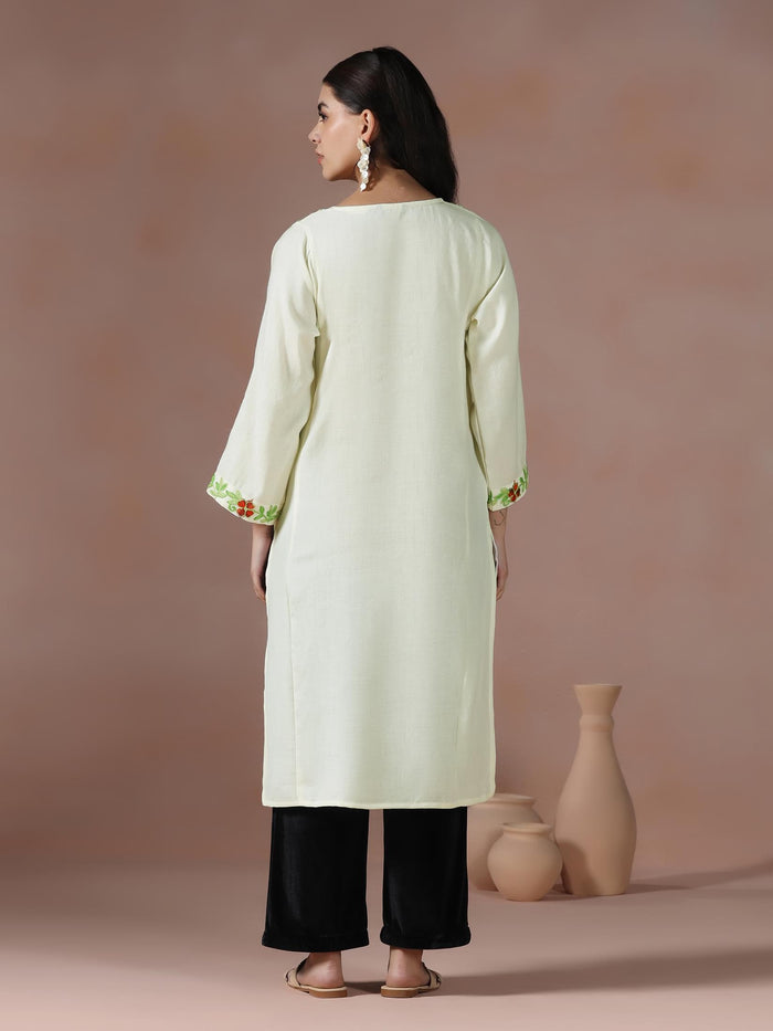 Winter Women Acrylic Cream Embroidered Kurta.
