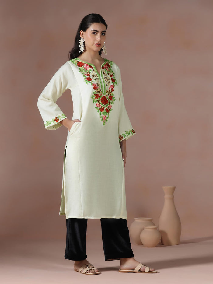 Winter Women Acrylic Cream Embroidered Kurta.