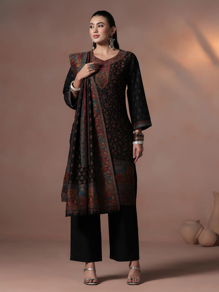 Winter Women Acrylic Jacquard Black Kurta Comfort Pant Dupatta.