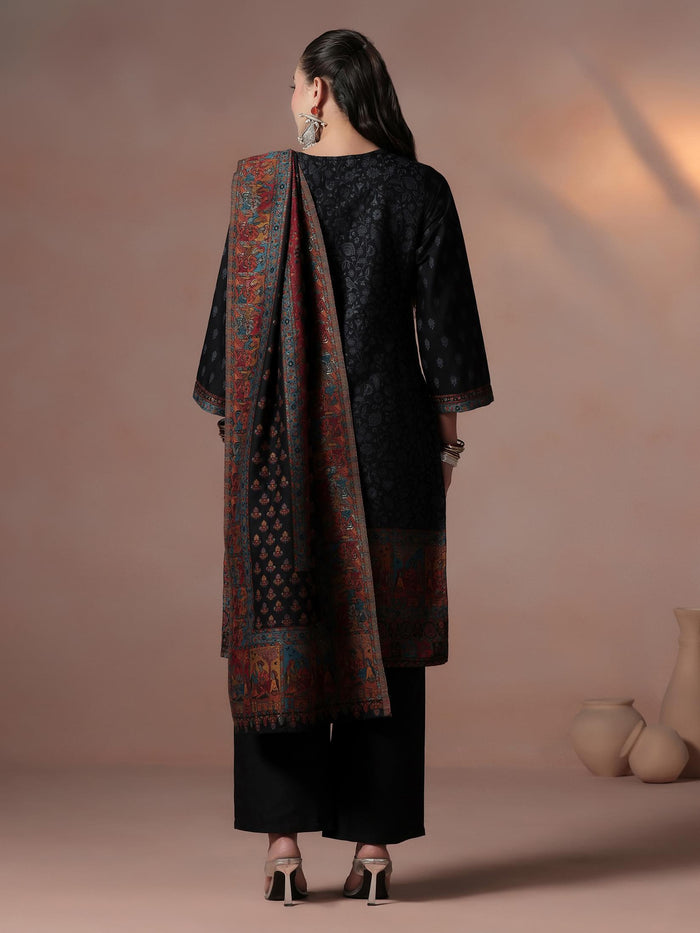 Winter Women Acrylic Jacquard Black Kurta Comfort Pant Dupatta.