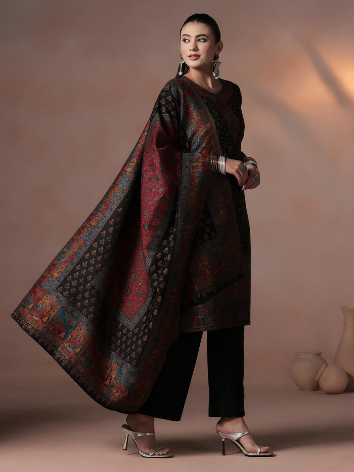 Winter Women Acrylic Jacquard Black Kurta Comfort Pant Dupatta.