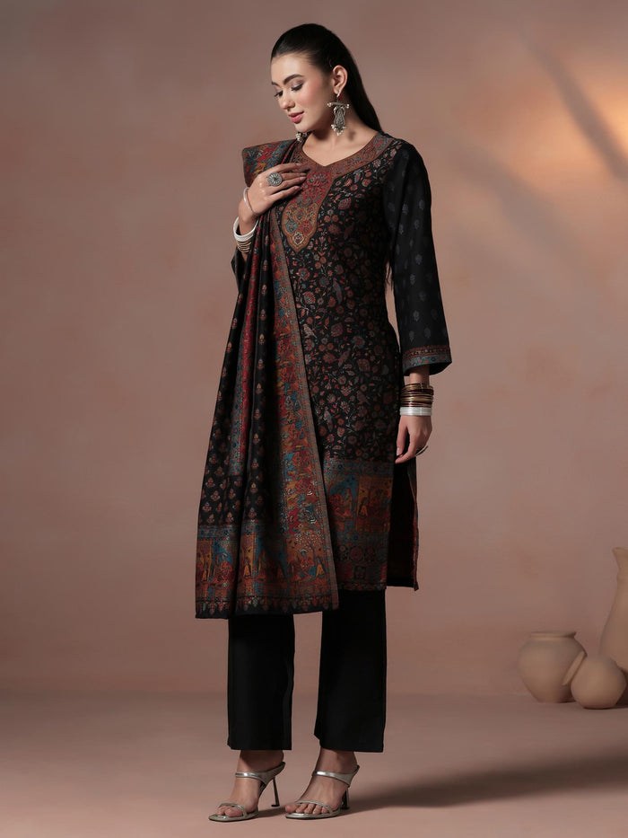 Winter Women Acrylic Jacquard Black Kurta Comfort Pant Dupatta.