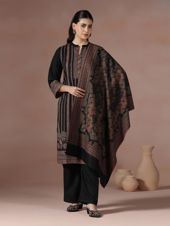 Winter Women Acrylic Jacquard Black Woven Kurta Comfort Pant Dupatta.