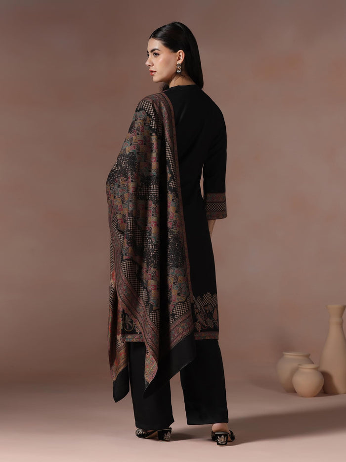 Winter Women Acrylic Jacquard Black Woven Kurta Comfort Pant Dupatta.