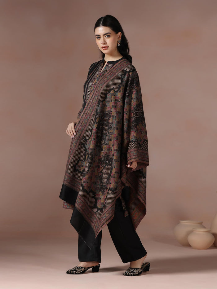Winter Women Acrylic Jacquard Black Woven Kurta Comfort Pant Dupatta.