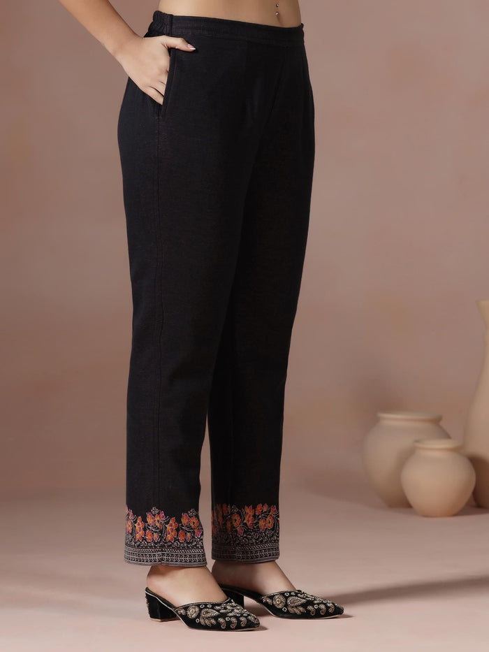 Winter Women Acrylic Jacquard Black Woven Kurta Comfort Pant Dupatta.
