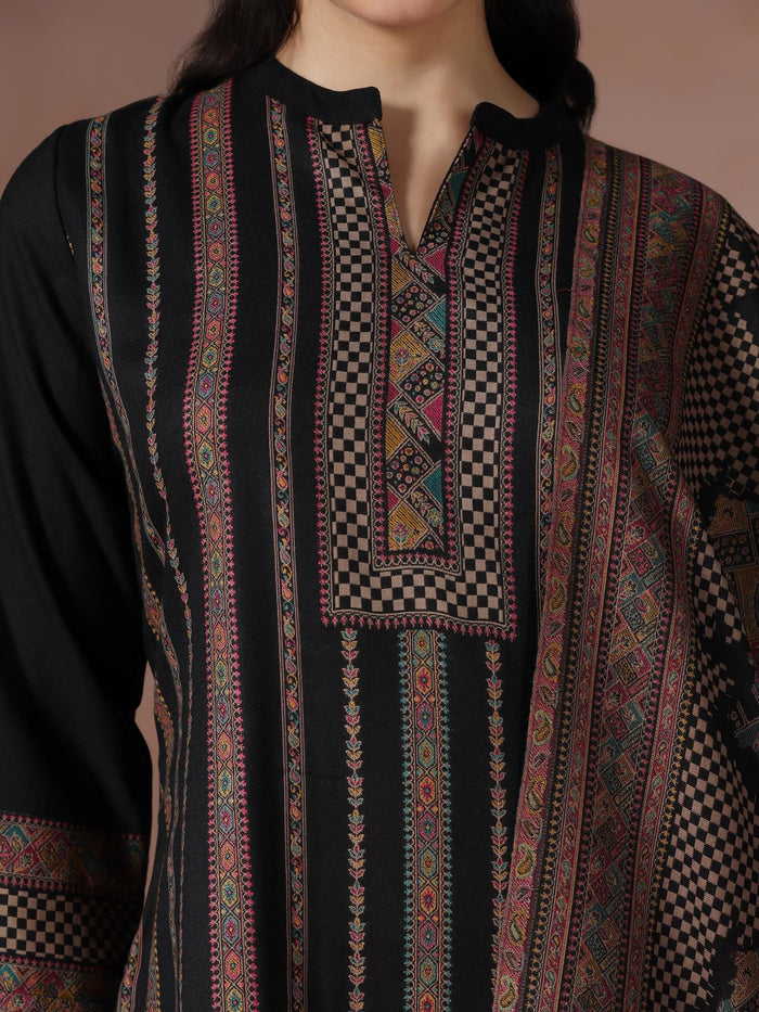 Winter Women Acrylic Jacquard Black Woven Kurta Comfort Pant Dupatta.