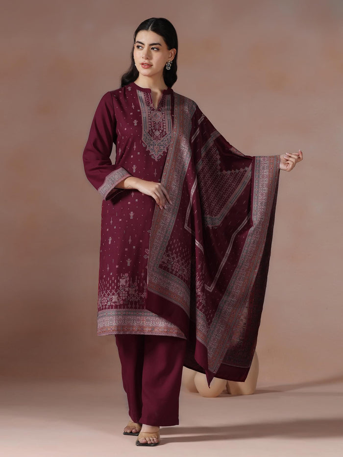 Winter Women Acrylic Jacquard Fuchsia Woven Kurta Comfort Pant Dupatta.