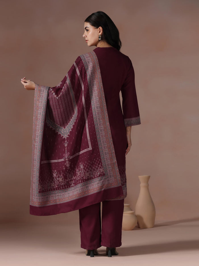 Winter Women Acrylic Jacquard Fuchsia Woven Kurta Comfort Pant Dupatta.