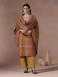Winter Women Acrylic Jacquard Mustard Woven Kurta Comfort Pant Dupatta.