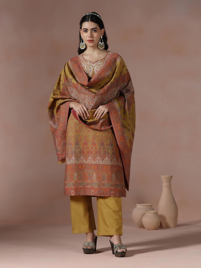 Winter Women Acrylic Jacquard Mustard Woven Kurta Comfort Pant Dupatta.