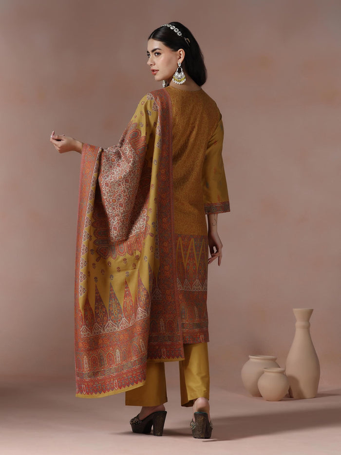 Winter Women Acrylic Jacquard Mustard Woven Kurta Comfort Pant Dupatta.