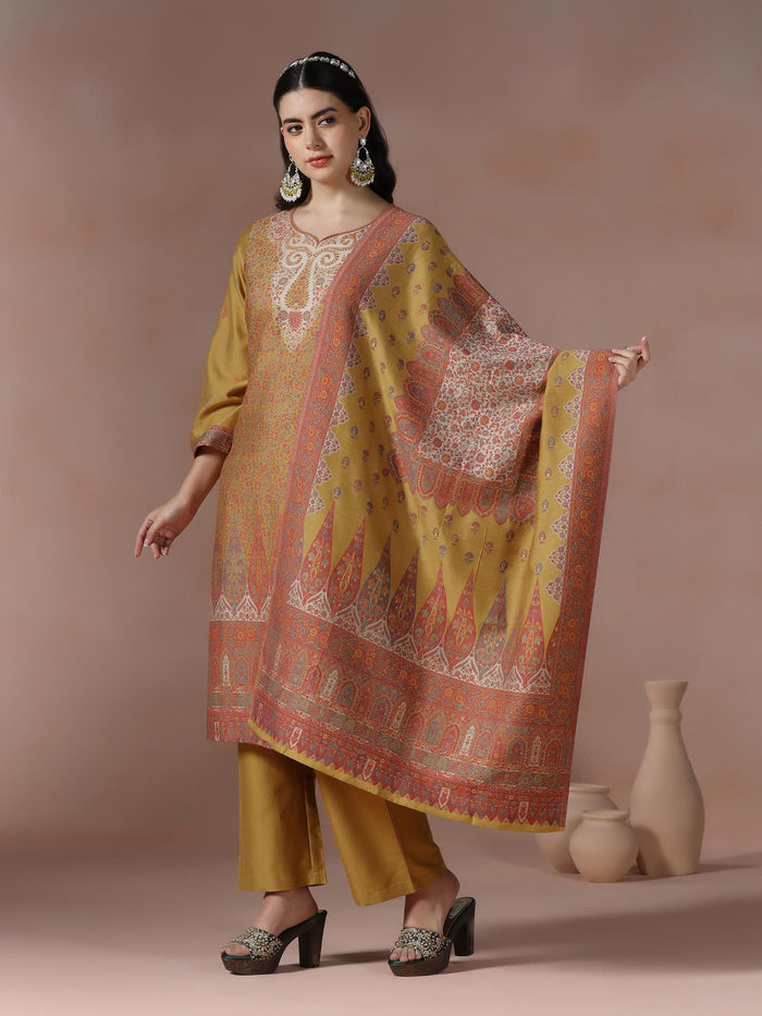 Winter Women Acrylic Jacquard Mustard Woven Kurta Comfort Pant Dupatta.