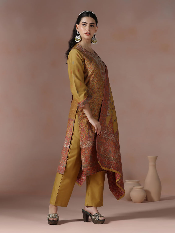 Winter Women Acrylic Jacquard Mustard Woven Kurta Comfort Pant Dupatta.