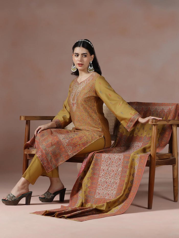 Winter Women Acrylic Jacquard Mustard Woven Kurta Comfort Pant Dupatta.
