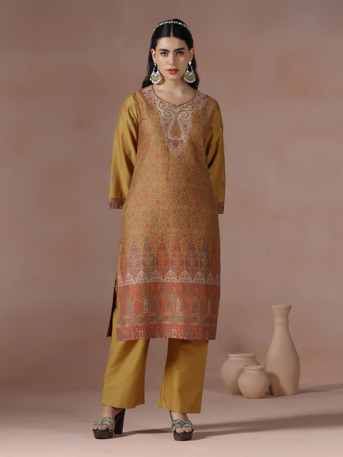 Winter Women Acrylic Jacquard Mustard Woven Kurta Comfort Pant Dupatta.