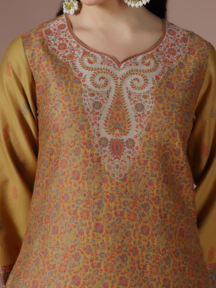 Winter Women Acrylic Jacquard Mustard Woven Kurta Comfort Pant Dupatta.