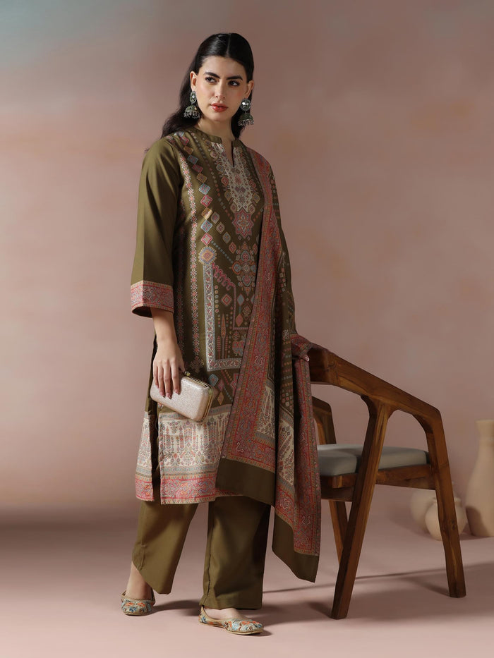 Winter Women Acrylic Jacquard Olive Woven Kurta Comfort Pant Dupatta.