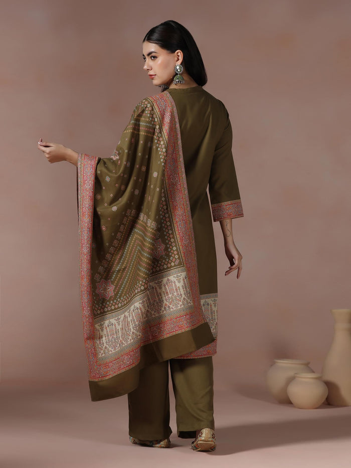 Winter Women Acrylic Jacquard Olive Woven Kurta Comfort Pant Dupatta.