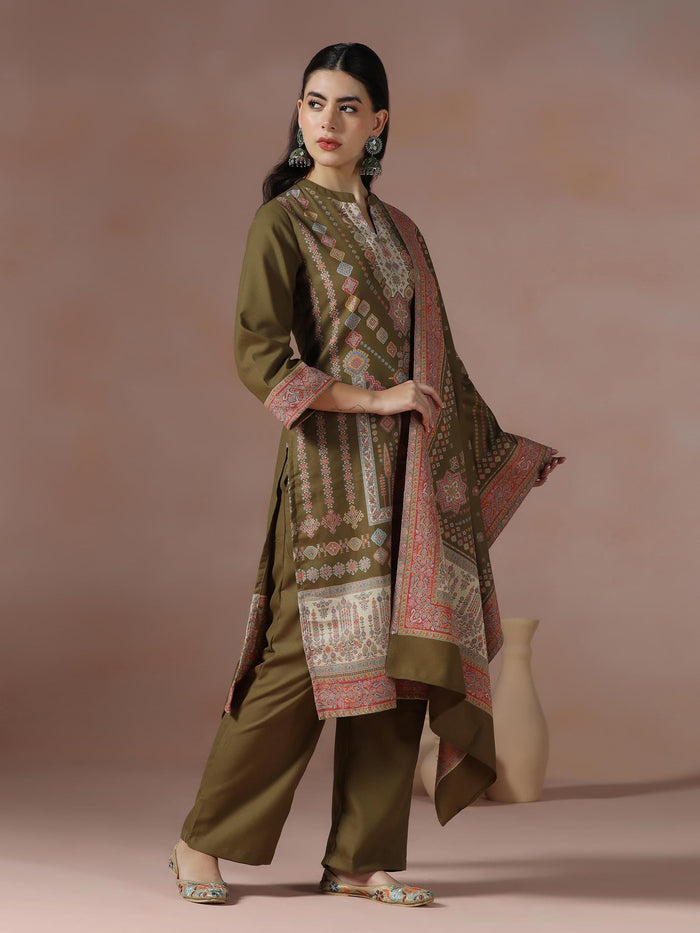 Winter Women Acrylic Jacquard Olive Woven Kurta Comfort Pant Dupatta.