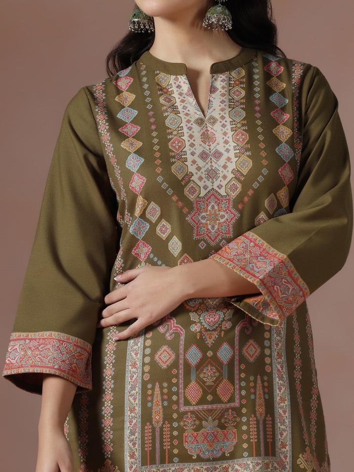 Winter Women Acrylic Jacquard Olive Woven Kurta Comfort Pant Dupatta.