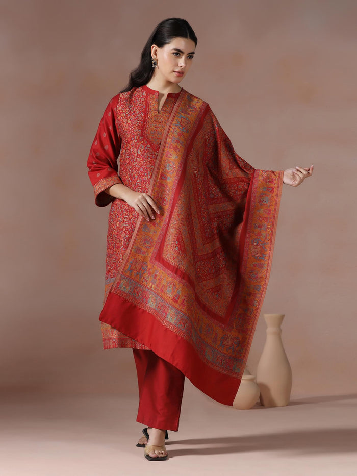 Winter Women Acrylic Jacquard Red Woven Kurta Comfort Pant Dupatta.