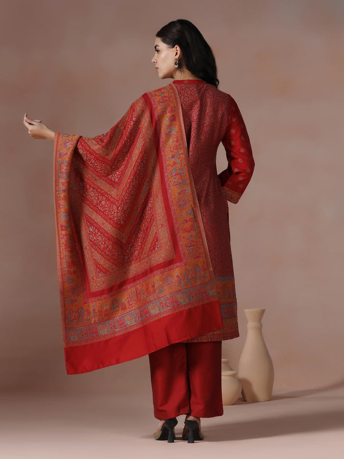 Winter Women Acrylic Jacquard Red Woven Kurta Comfort Pant Dupatta.