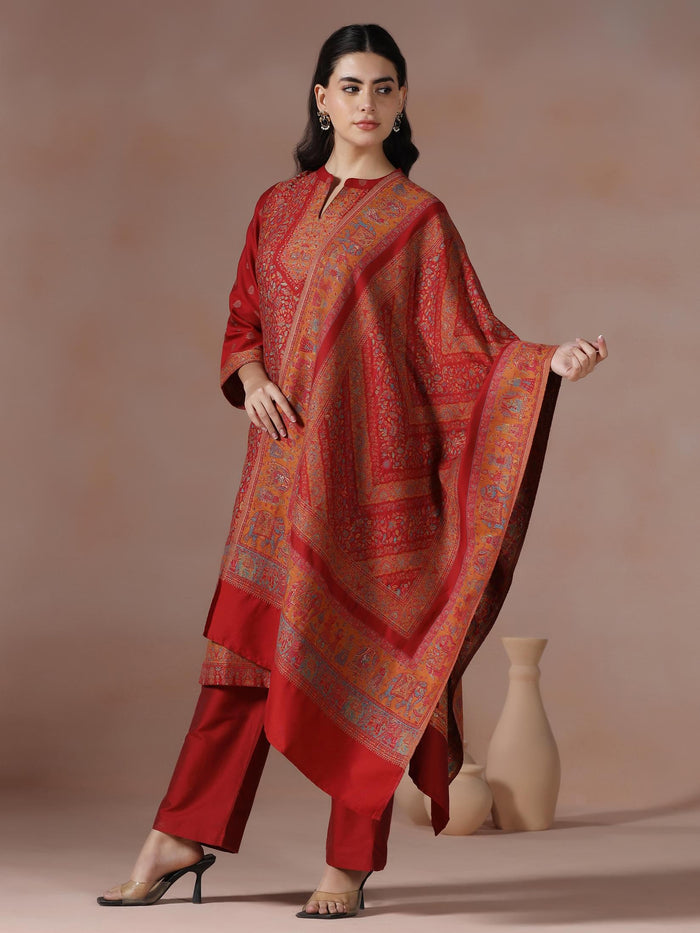 Winter Women Acrylic Jacquard Red Woven Kurta Comfort Pant Dupatta.
