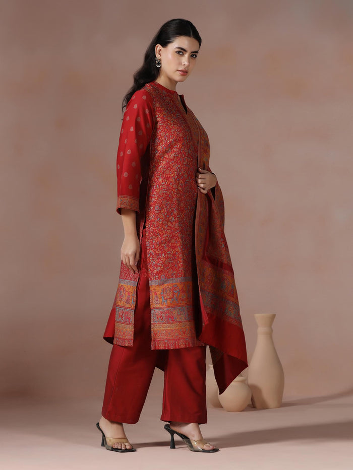Winter Women Acrylic Jacquard Red Woven Kurta Comfort Pant Dupatta.