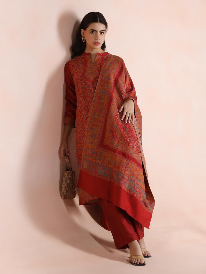 Winter Women Acrylic Jacquard Red Woven Kurta Comfort Pant Dupatta.