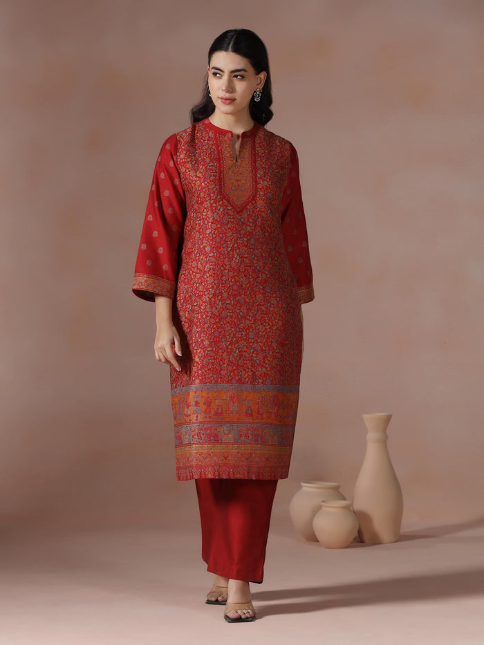Winter Women Acrylic Jacquard Red Woven Kurta Comfort Pant Dupatta.