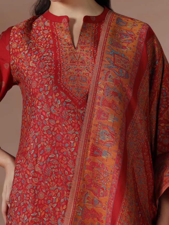 Winter Women Acrylic Jacquard Red Woven Kurta Comfort Pant Dupatta.