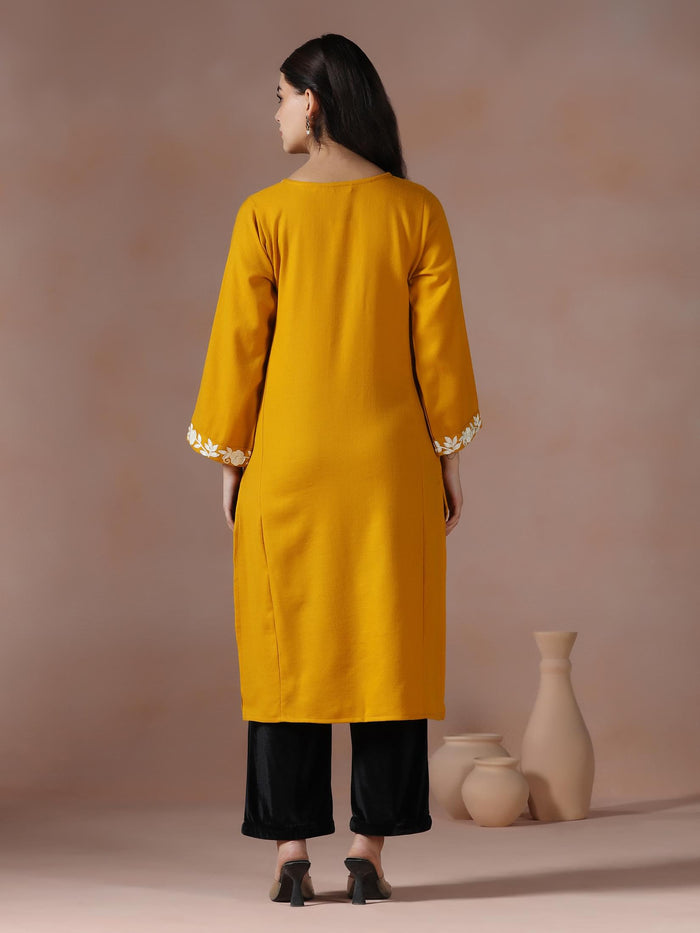 Winter Women Acrylic Mustard Embroidered Kurta.