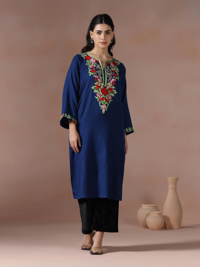 Winter Women Acrylic Navy Blue Embroidered Kurta.