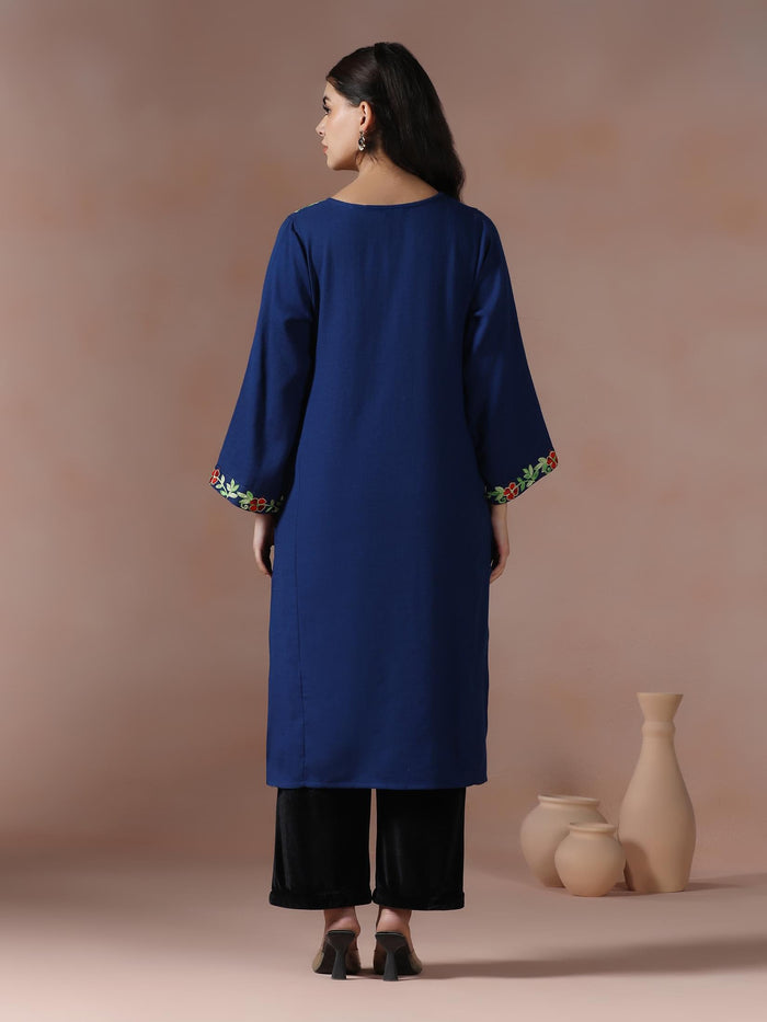 Winter Women Acrylic Navy Blue Embroidered Kurta.