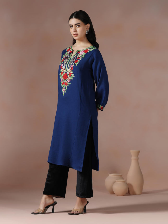 Winter Women Acrylic Navy Blue Embroidered Kurta.
