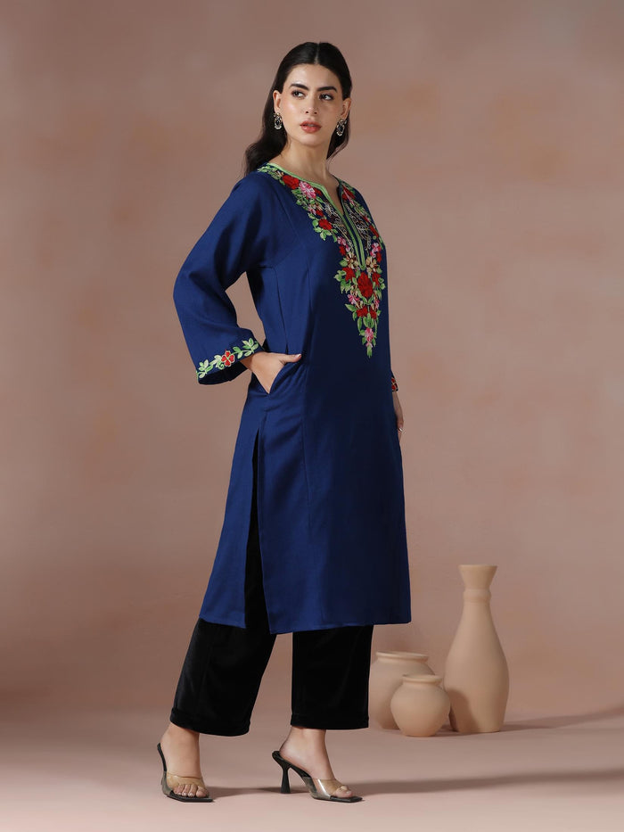 Winter Women Acrylic Navy Blue Embroidered Kurta.