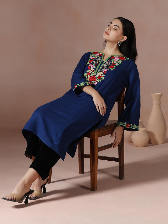 Winter Women Acrylic Navy Blue Embroidered Kurta.
