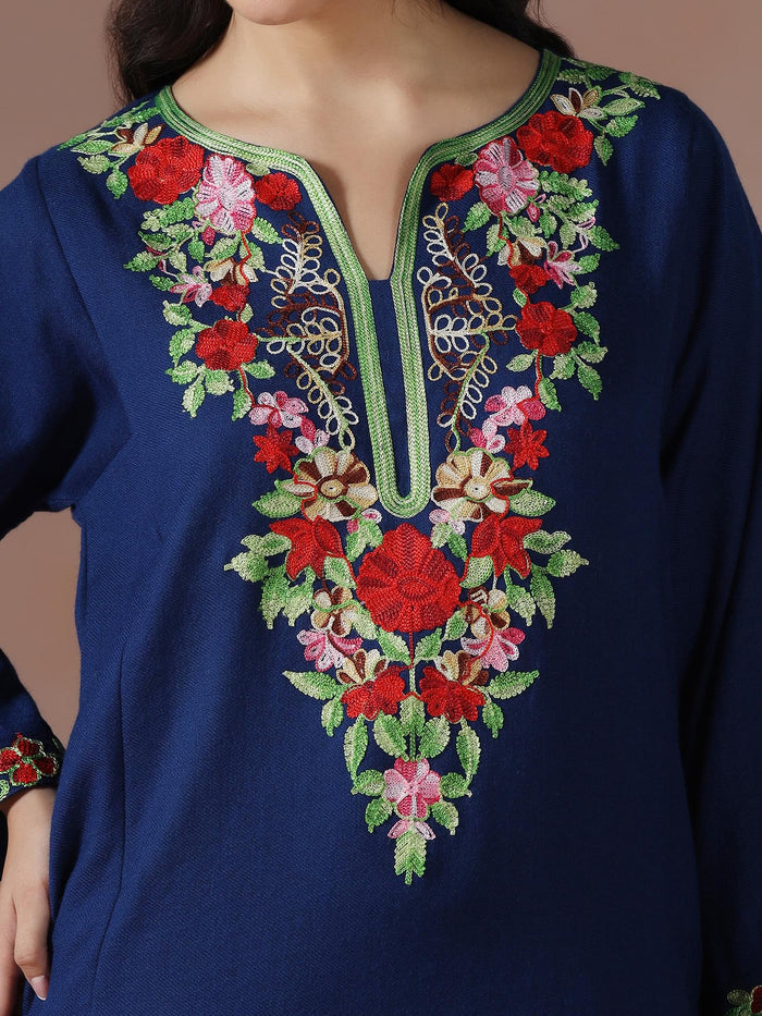 Winter Women Acrylic Navy Blue Embroidered Kurta.