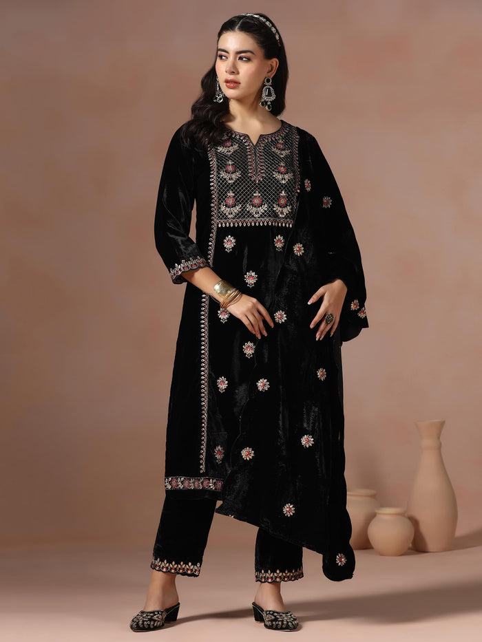 Winter Women Black Embroidered Velvet Kurta Comfort Pant Dupatta.