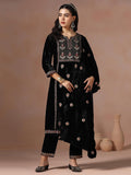 Winter Women Black Embroidered Velvet Kurta Comfort Pant Dupatta.