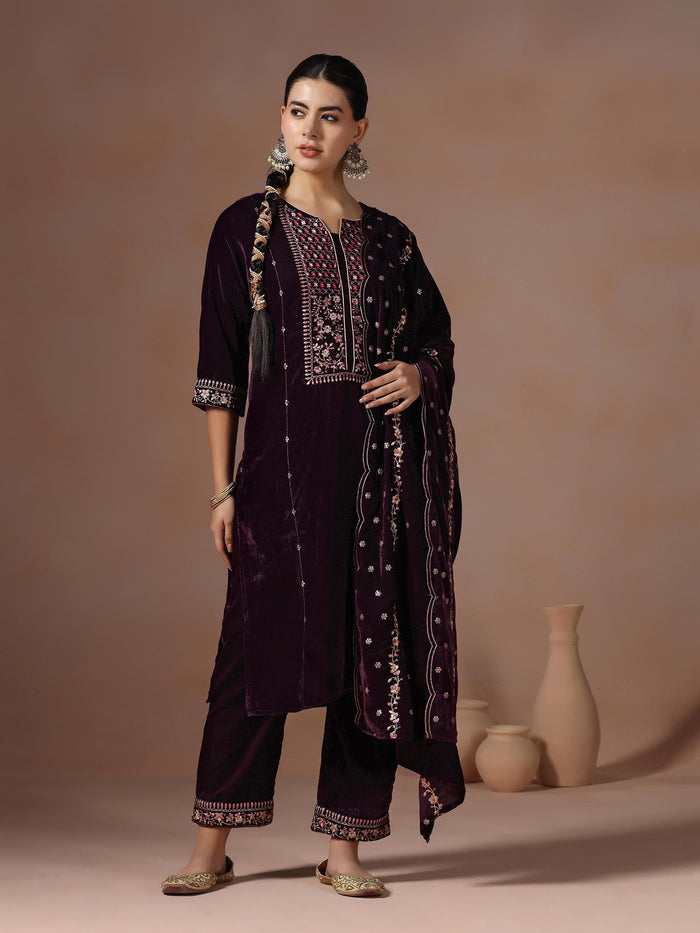 Winter Women Burgundy Embroidered Velvet Kurta Comfort Pant Dupatta.