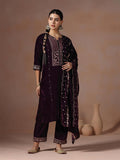 Winter Women Burgundy Embroidered Velvet Kurta Comfort Pant Dupatta.