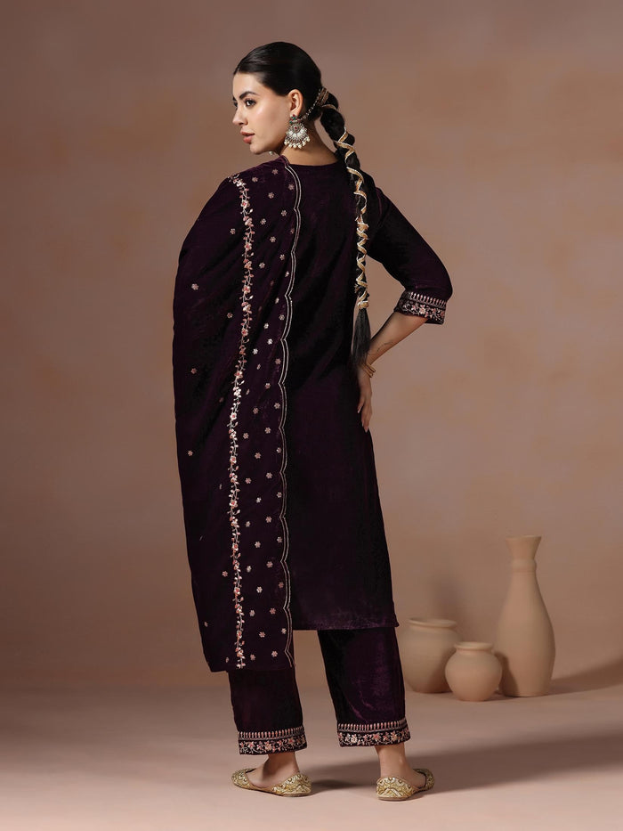 Winter Women Burgundy Embroidered Velvet Kurta Comfort Pant Dupatta.