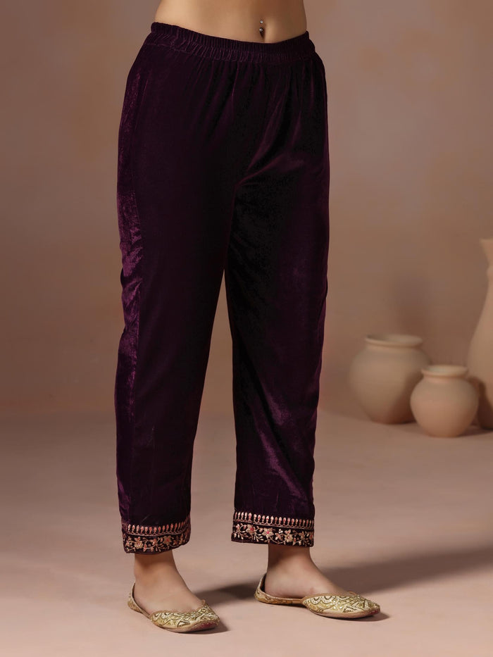 Winter Women Burgundy Embroidered Velvet Kurta Comfort Pant Dupatta.