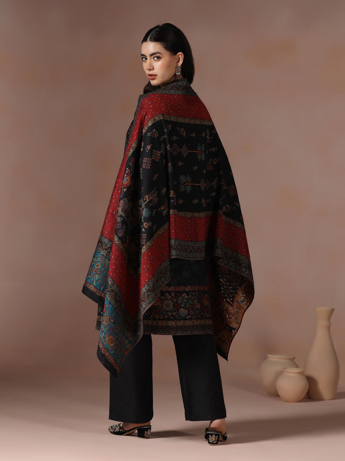 Winter Women Jacquard Black Woven Kurta Comfort Pant Dupatta.