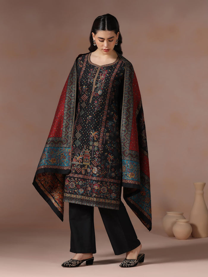 Winter Women Jacquard Black Woven Kurta Comfort Pant Dupatta.