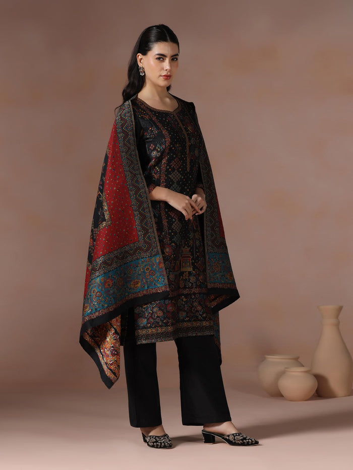 Winter Women Jacquard Black Woven Kurta Comfort Pant Dupatta.