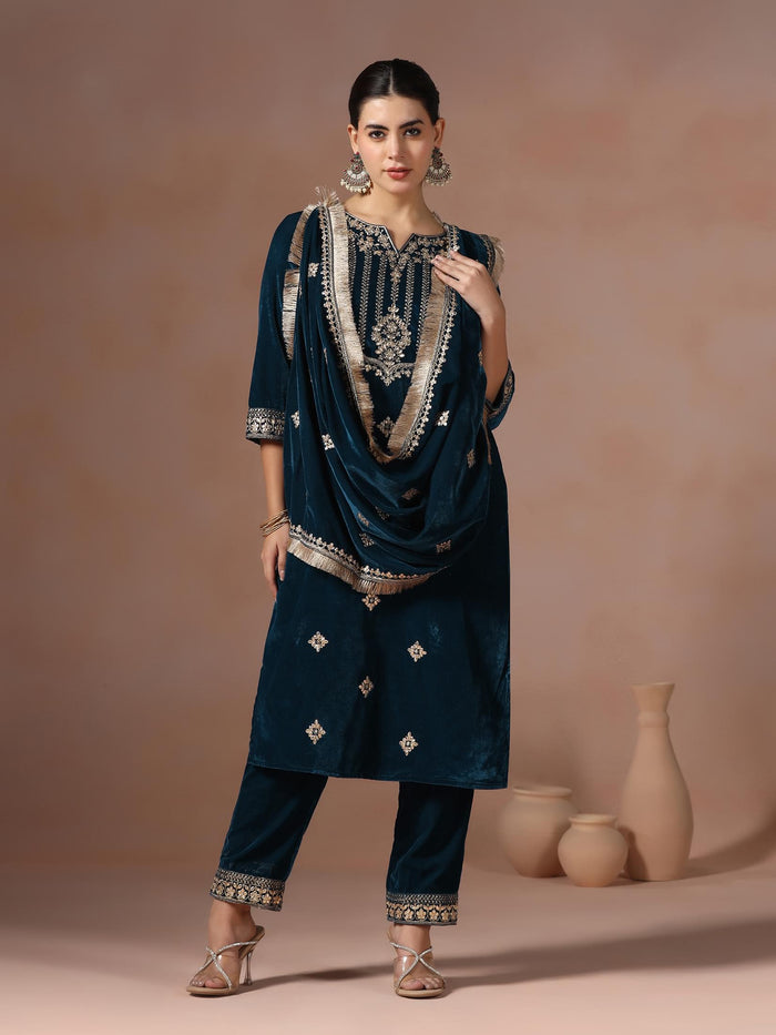Winter Women Teal Embroidered Velvet Kurta Comfort Pant Dupatta.