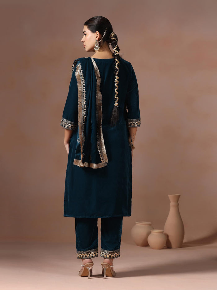 Winter Women Teal Embroidered Velvet Kurta Comfort Pant Dupatta.